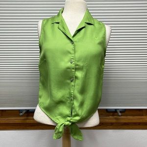 12 // Tommy Bahama Green Silk Sleeveless Button Down Front Tie Top